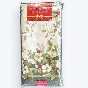 Holiday Napkins Holly Berries and White Flowers Poly/Cotton Blend ~ Set of 4